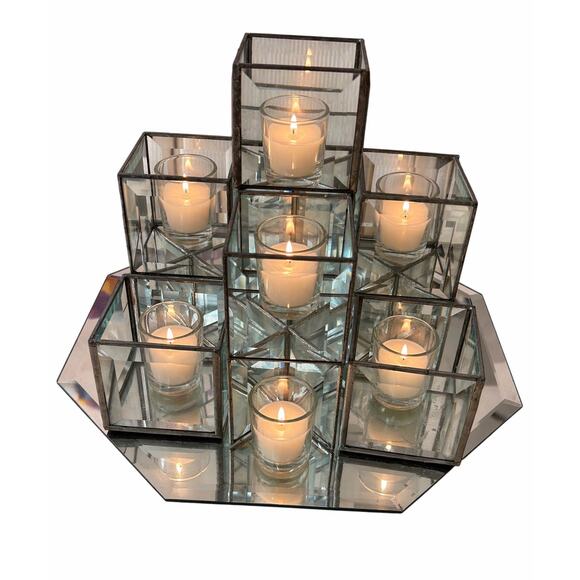 Vintage Other - Vintage 3 Tier Leaded and Beveled Glass Mirror 9 Piece Cube Votive Candle Holder